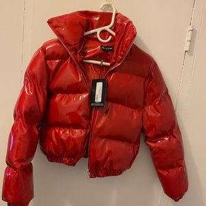 red shiny puffer coat with fur hood